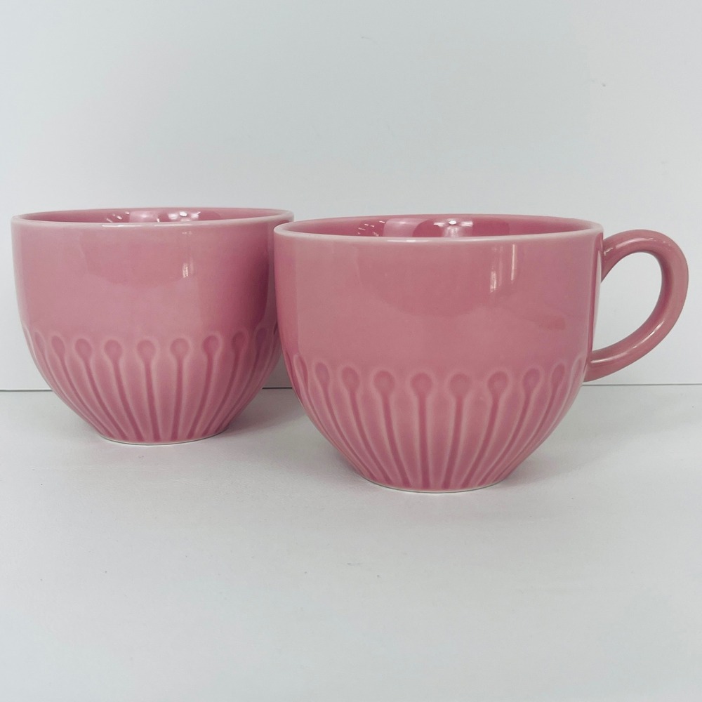IKEA Mug Set 2 Strimmig Pink Embossed Ribbed Stoneware Modern Excellent